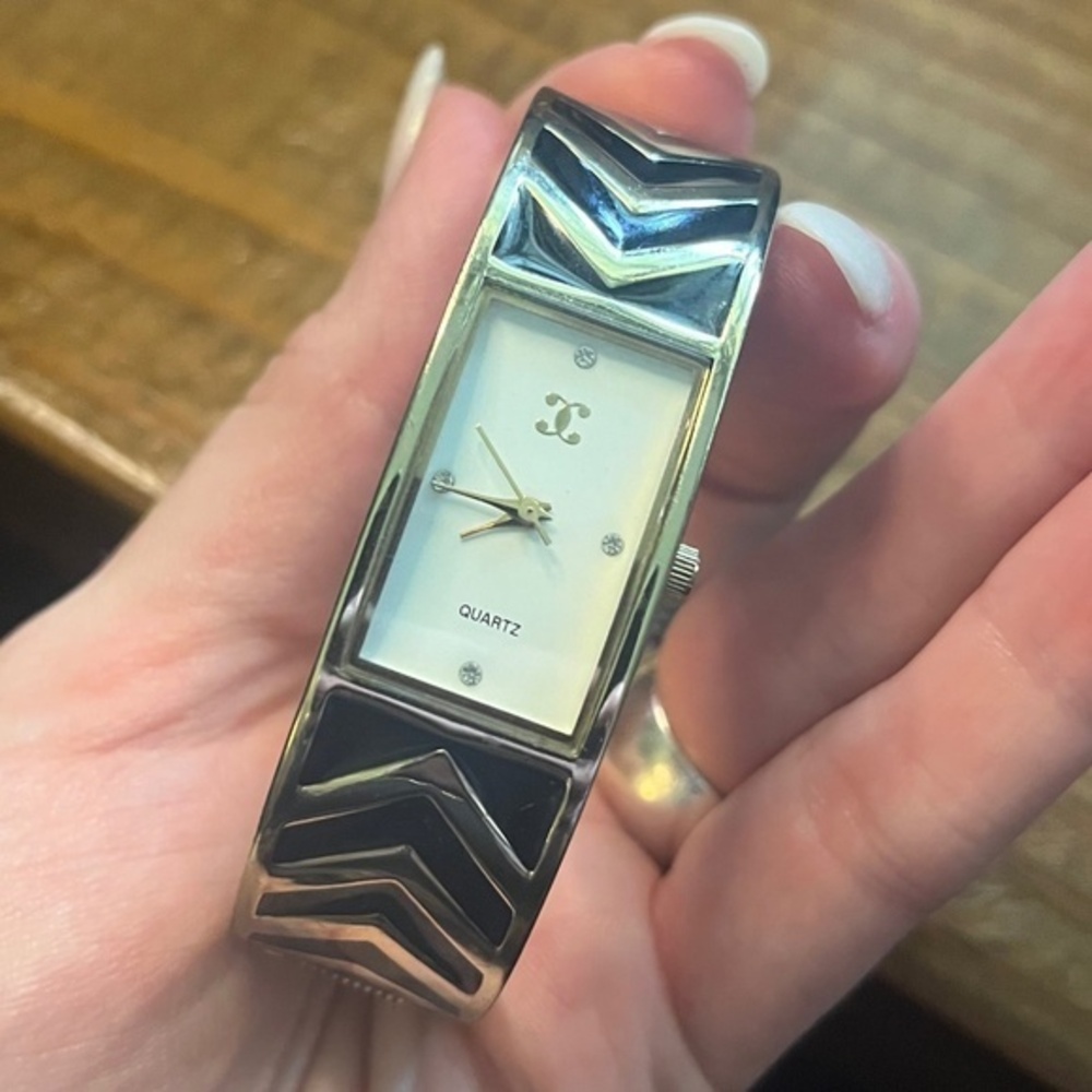 Estate Charming Charlie Snap Bangle Metal Wristwatch Gold White and Black